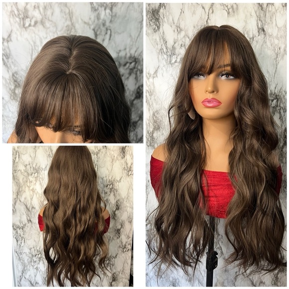 28 Inch Long Curly Wave  Semi Natural Brown Wig with bangs - Picture 1 of 14